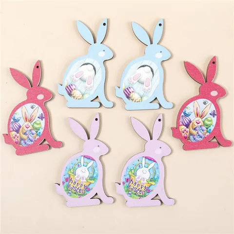 Wooden Easter Rabbit Pendants Colorful Printed Rabbit Egg Charms For DIY Earring Jewelry Making Happy Easter Hanging Decoration