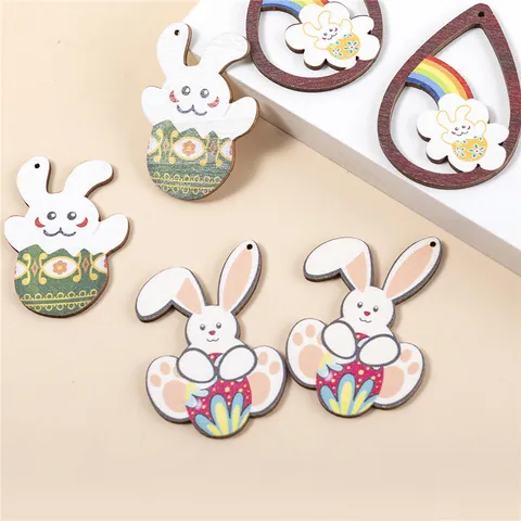 Easter Wooden Rabbit Pendants Colorful Printed Wood Earring Accessories For DIY Jewelry Making Easter Egg Rainbow Pattern Cartoon Rabbit Charms