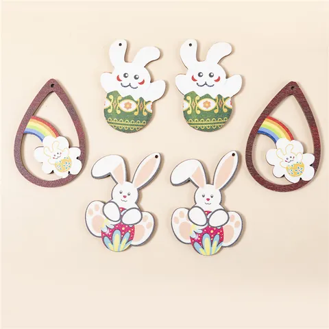 Easter Wooden Rabbit Pendants Colorful Printed Wood Earring Accessories For DIY Jewelry Making Easter Egg Rainbow Pattern Cartoon Rabbit Charms