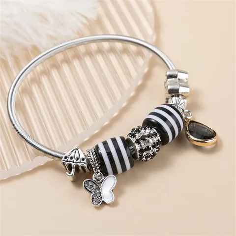 DIY Charm Armband Voor Vrouwen Verzilverd Legering Roestvrij Staal Met Vlinder Paraplu Fiets Hangers Zwart Wit Gestreepte Grote Gat Kralen Mode Sieraden Cadeau