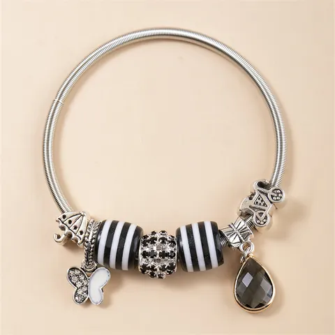 DIY Charm Armband Voor Vrouwen Verzilverd Legering Roestvrij Staal Met Vlinder Paraplu Fiets Hangers Zwart Wit Gestreepte Grote Gat Kralen Mode Sieraden Cadeau