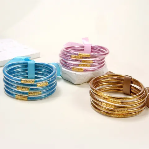 Brazaletes de Silicona Con Purpurina para Mujer Pulseras de Tubo de Resina Flexibles Transparentes Con Conectores de Metal Dorado