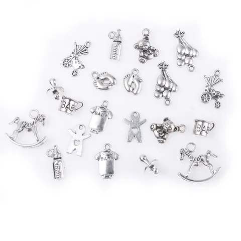Antique Silver Baby Theme Alloy Charms Set For DIY Jewelry Making Milk Bottle Rocking Horse Stroller Pendants For Necklaces