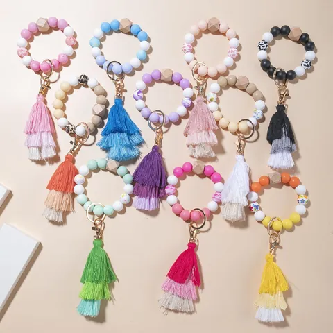 Bohemian Siliconen Kralen Sleutelhanger Polsband Met Houten Kraal Gradiënt Kwastje Armband Sleutelring Dames Tas Charm