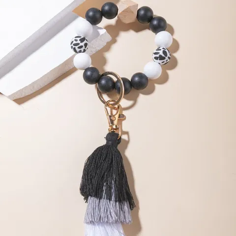 Bohemian Siliconen Kralen Sleutelhanger Polsband Met Houten Kraal Gradiënt Kwastje Armband Sleutelring Dames Tas Charm