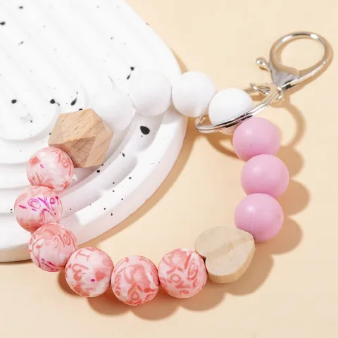 Llavero de Pulsera de Cuentas de Silicona para Mujer Brazalete de Cuentas de Madera Con Cierre de Langosta Colgante de Corazón Patrón Floral Joyería Regalo