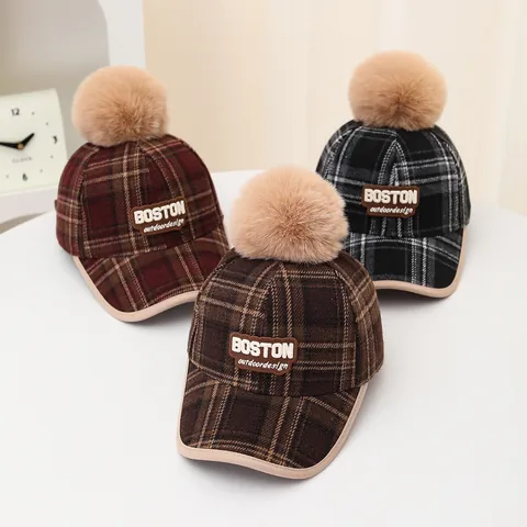 Kids Winter Plaid Baseball Cap With Faux Fur Pom Pom Letter Embroidery Warm Woolen Peaked Hat For Boys Girls Daily Accessories