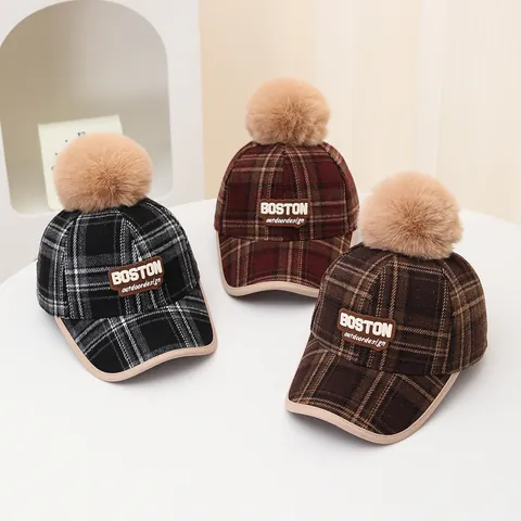 Kids Winter Plaid Baseball Cap With Faux Fur Pom Pom Letter Embroidery Warm Woolen Peaked Hat For Boys Girls Daily Accessories