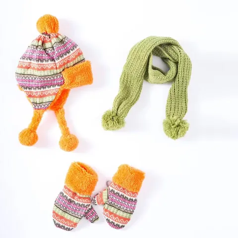 Bonnet Écharpe Et Gants En Tricot D'Hiver Pour Enfants Doublé En Polaire Chaud Beanie Motif Renne Nordique Cœur Flocon De Neige Pour Garçons Filles