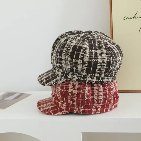 Kids Retro Plaid Newsboy Cap Toddler Polyester Wool Blend Octagonal Hat Winter Warm Beret Painter Hat For Boys Girls