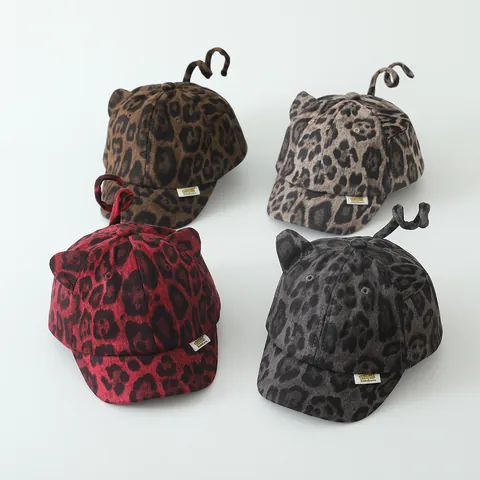 Cappellino da Baseball da Bambino con Stampa Leopardata e Orecchie di Animale Coda a Spirale Tesa Corta Cappello da Sole