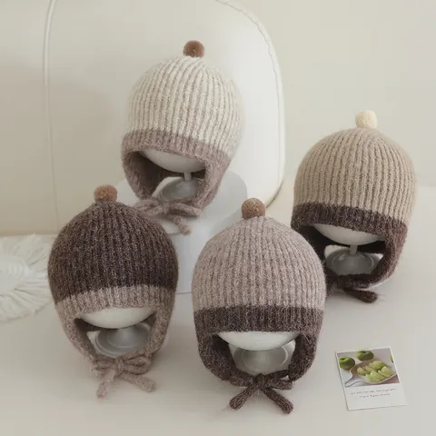 Baby Toddler Winter Knitted Beanie Hat With Ear Flaps Pom Pom Warm Fleece Lined Windproof Ribbed Outdoor Infant Cap For Kids