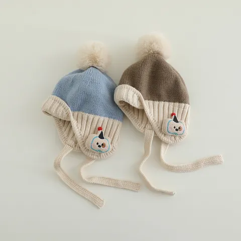 Baby Knitted Earflap Hat Winter Warm Cartoon Dog Patch Pompom Beanie For Toddler Infants Kids Windproof Ties Crochet Cap