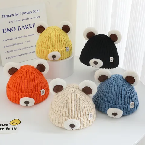Kinder Niedliche Bärenohren Strickmütze Polyester Warme Winter Beanie Koreanischer Stil Winddichte Kappe Für Jungen Mädchen Kleinkinder