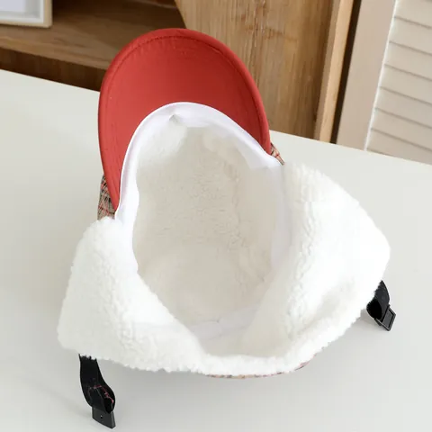 Kids Winter Plaid Trapper Hat Warm Ear Flap Pilot Cap Faux Lamb Wool Lining Windproof Buckle Thermal Outdoor Hat
