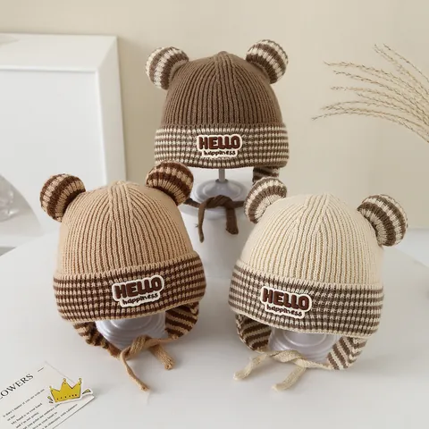 Cute Baby Winter Knit Earflap Hat Warm Polyester Fleece Lined Striped Bear Ear Beanie For Toddler Boys Girls Outdoor Windproof