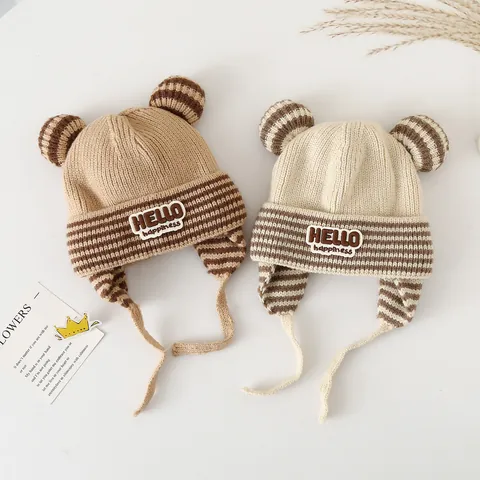 Cute Baby Winter Knit Earflap Hat Warm Polyester Fleece Lined Striped Bear Ear Beanie For Toddler Boys Girls Outdoor Windproof
