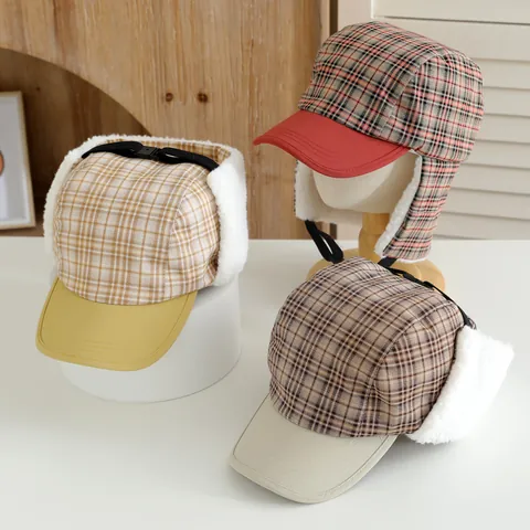 Kids Winter Plaid Trapper Hat Warm Ear Flap Pilot Cap Faux Lamb Wool Lining Windproof Buckle Thermal Outdoor Hat