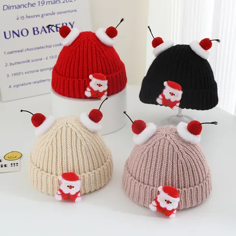 Kids Christmas Knit Hat Warm Winter Beanie With Santa Claus Patch And Pom Poms For Toddler Boys Girls Holiday Party Gift