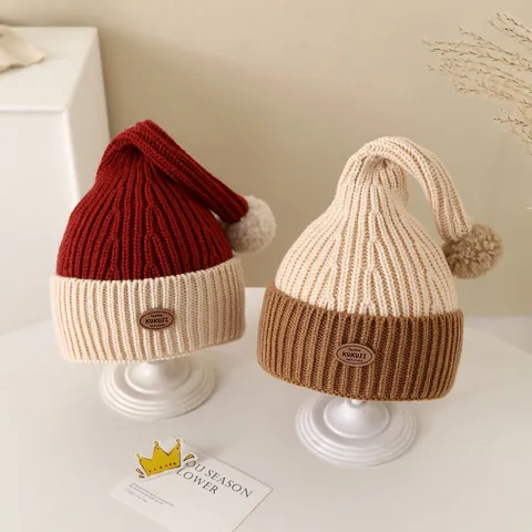 Berretto a Punta in Maglia per Bambini Invernale Caldo Misto Cotone Stile Elfo Con Pompon E Etichetta Per Ragazzi Ragazze Natale