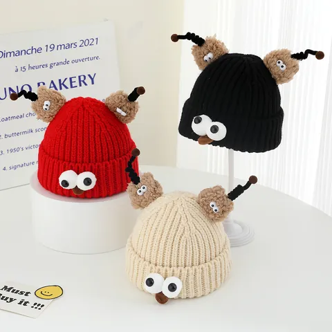 Kids Winter Knit Beanie Hat Cartoon Monster Big Eyes Antennas Warm Crochet Beanie For Toddler Boys Girls Daily Wear