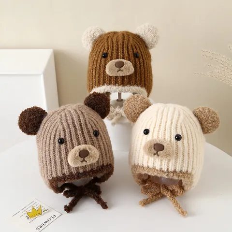 Bonnet d'Hiver en Tricot pour Enfants Avec Cache-oreilles Ours de Dessin Animé Doublure Polaire Chaud Coupe-vent pour Petits