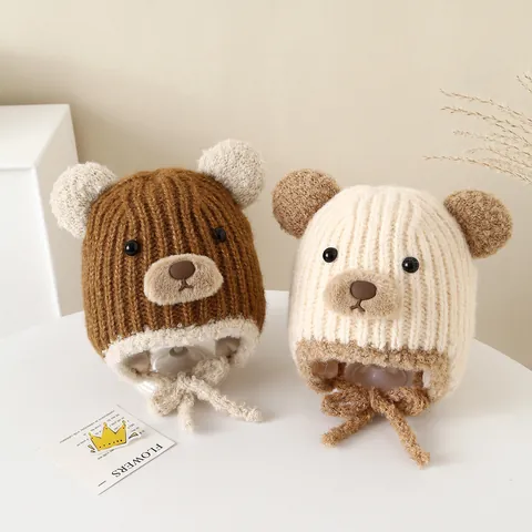 Bonnet d'Hiver en Tricot pour Enfants Avec Cache-oreilles Ours de Dessin Animé Doublure Polaire Chaud Coupe-vent pour Petits