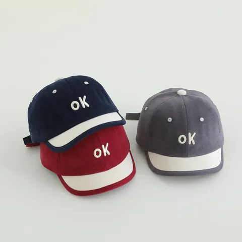 Cute Toddler OK Letter Embroidery Short Soft Brim Baseball Cap Color Block Infant Hip Hop Hat Adjustable Outdoor Sun Cap