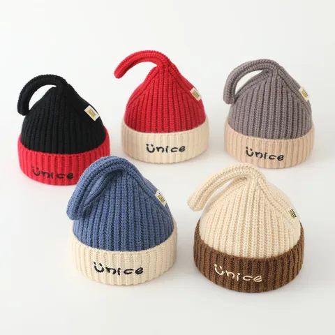 Kids Winter Knit Beanie Hat Thick Warm Color Block Letter Embroidery Pointed Tail Polyester Crochet Cap For Children