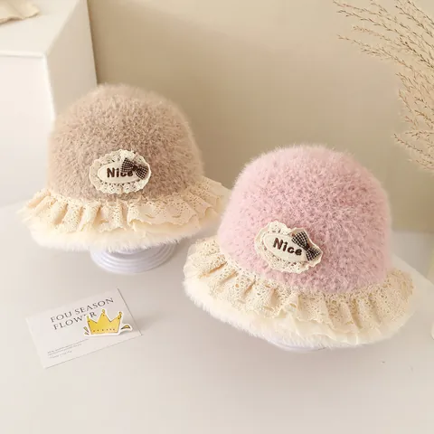 Kids Lamb Wool Bucket Hat Lace Trim Bow Flower Warm Winter Plush Fisherman Hat For Baby Girls