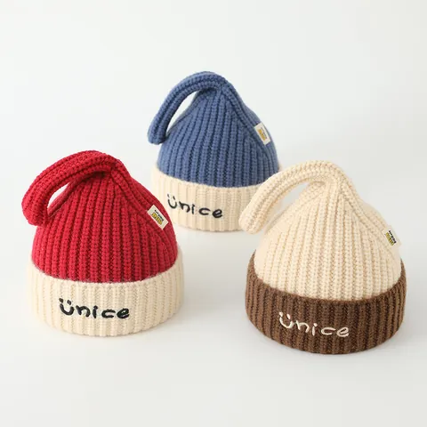 Kids Winter Knit Beanie Hat Thick Warm Color Block Letter Embroidery Pointed Tail Polyester Crochet Cap For Children