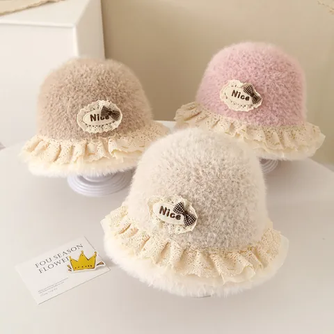 Kids Lamb Wool Bucket Hat Lace Trim Bow Flower Warm Winter Plush Fisherman Hat For Baby Girls