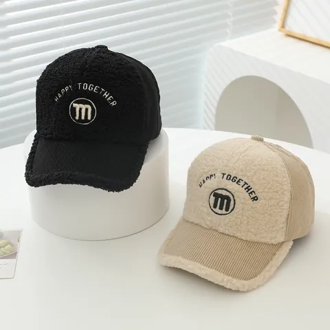 Kids Winter Corduroy Teddy Fleece Stitching Baseball Cap Happy Together Letter M Warm Adjustable Sun Hat For Boys Girls
