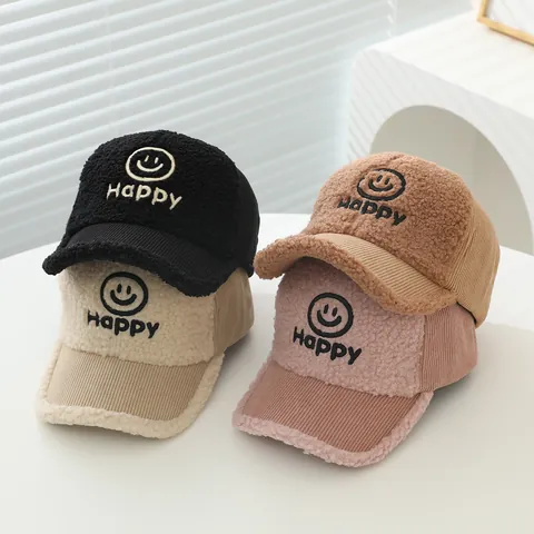 Kids Warm Corduroy Faux Lamb Wool Patchwork Baseball Cap Smiley Face Happy Embroidery Children Autumn Winter Duck Tongue Hat