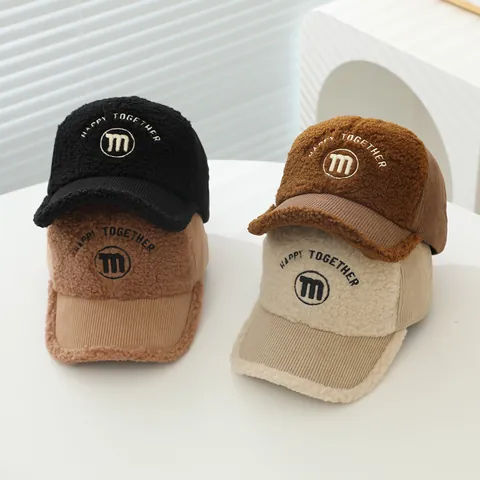 Kids Winter Corduroy Teddy Fleece Stitching Baseball Cap Happy Together Letter M Warm Adjustable Sun Hat For Boys Girls