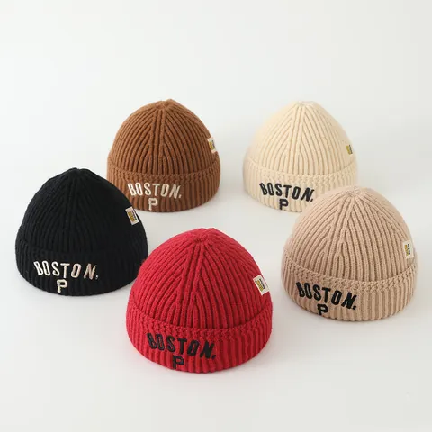 Kids Winter Warm Knitted Beanie Hat Thickened Thermal Polyester Cap With BOSTON Letter Embroidery For Boys Girls Daily
