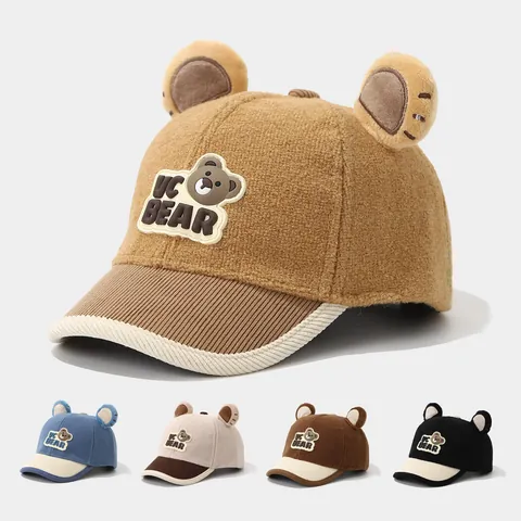 Gorra de Béisbol de Invierno para Niños con Orejas de Oso Forro Polar Pana Color de Contraste Gorra de Moda para Exteriores
