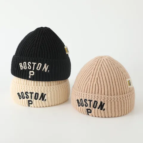 Kids Winter Warm Knitted Beanie Hat Thickened Thermal Polyester Cap With BOSTON Letter Embroidery For Boys Girls Daily