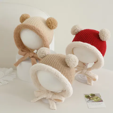 Berretto in Maglia per Neonati Protezione Orecchie Inverno Caldo Foderato in Pile Orecchie da Orso Pom Pon Beanie Bonnet per Bambini