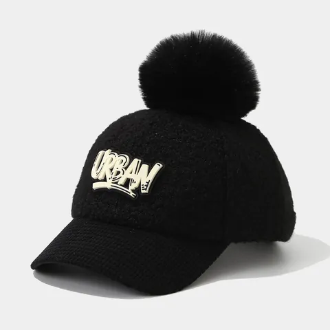 Kids Winter Sherpa Lamb Wool Baseball Cap With Large Faux Fur Pom Pom Letter Patch Warm Corduroy Brim Adjustable Hat