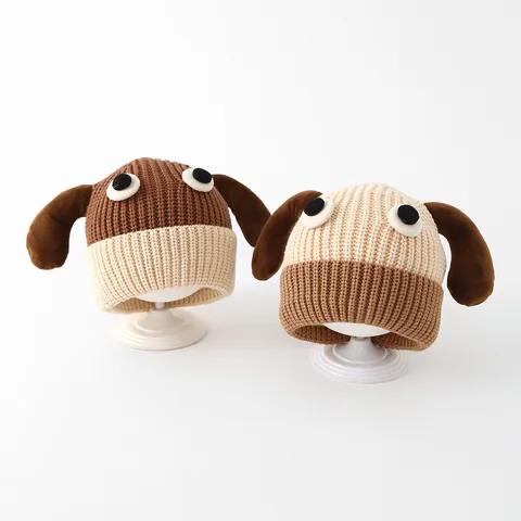 Baby Cartoon Dog Long Ear Knit Beanie Winter Warm Ear Protection Hat With Fleece Lining For Toddler Boys Girls Chunky Cap