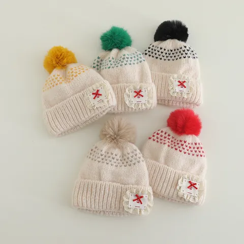 Kids Winter Warm Knitted Hat With Pom Pom Lace Bow Heart Pattern Crochet Beanie For Boys Girls Windproof Outdoor Cap