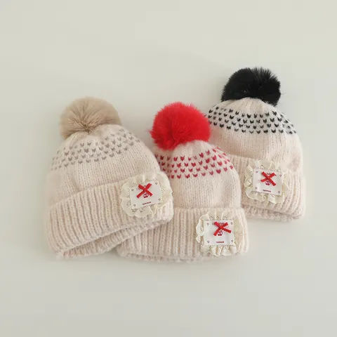Kids Winter Warm Knitted Hat With Pom Pom Lace Bow Heart Pattern Crochet Beanie For Boys Girls Windproof Outdoor Cap