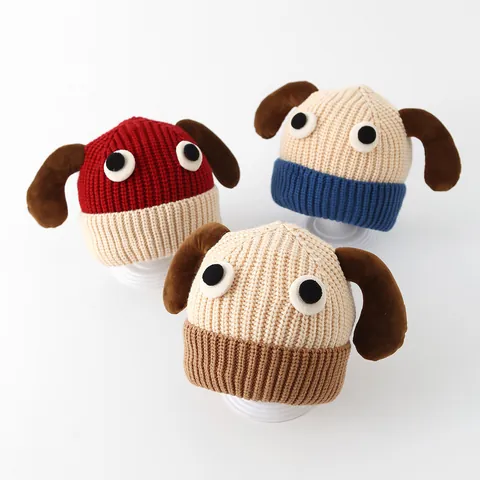 Baby Cartoon Dog Long Ear Knit Beanie Winter Warm Ear Protection Hat With Fleece Lining For Toddler Boys Girls Chunky Cap