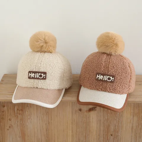 Kids Winter Lamb Wool Baseball Cap With Pompom Warm Corduroy Brim Adjustable Hat For Boys Girls Toddlers Cute Bear Patch