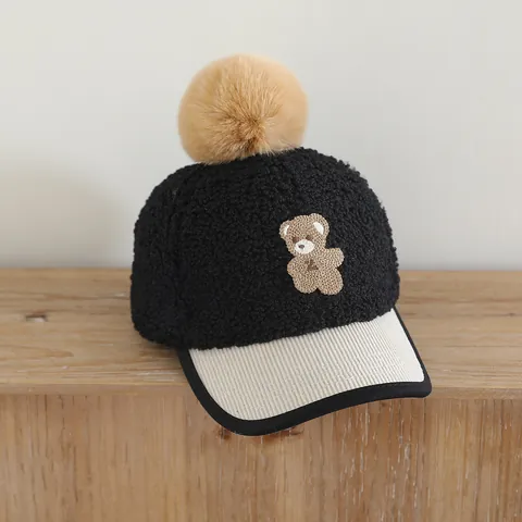 Kids Winter Warm Teddy Fleece Baseball Cap With Faux Fur Pom Pom Cartoon Bear Patch Corduroy Brim Adjustable Sun Hat