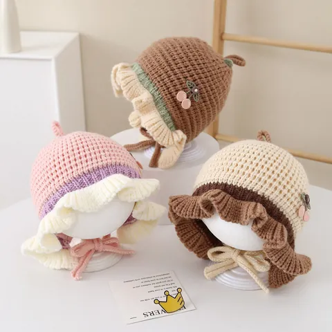 Baby Girl Toddler Knitted Crochet Bonnet Hat Warm Winter Beanie With Cherry Decoration Ruffles And Straps For 1-3 Years Old