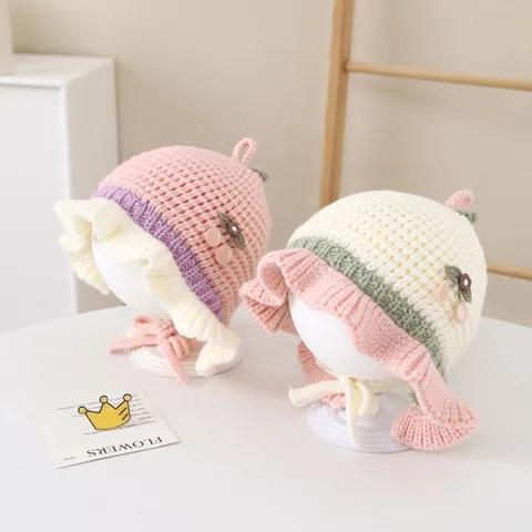 Baby Girl Toddler Knitted Crochet Bonnet Hat Warm Winter Beanie With Cherry Decoration Ruffles And Straps For 1-3 Years Old