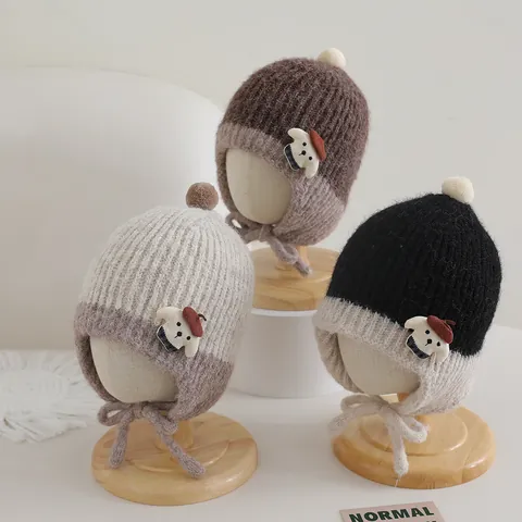 Cappello Invernale In Maglia Per Neonati Con Paraorecchie Pompon E Simpatica Toppa Di Cane Cartone Animato Berretto Caldo Antivento
