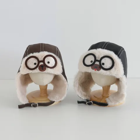 Kinder Winter Fliegermütze Mit Cartoon Vogel Brille Ohrenklappen Leifeng Hut Winddicht Warm Kunstleder Plüsch Kappe Für Jungen Mädchen